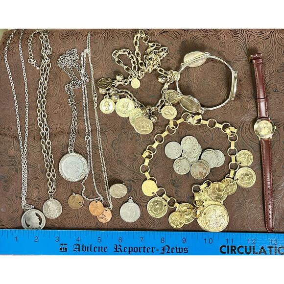 Large Mixed Metals Coin Jewelry Lot 22 Necklaces Bracelets Pendants Watch Coins - Picture 13 of 15